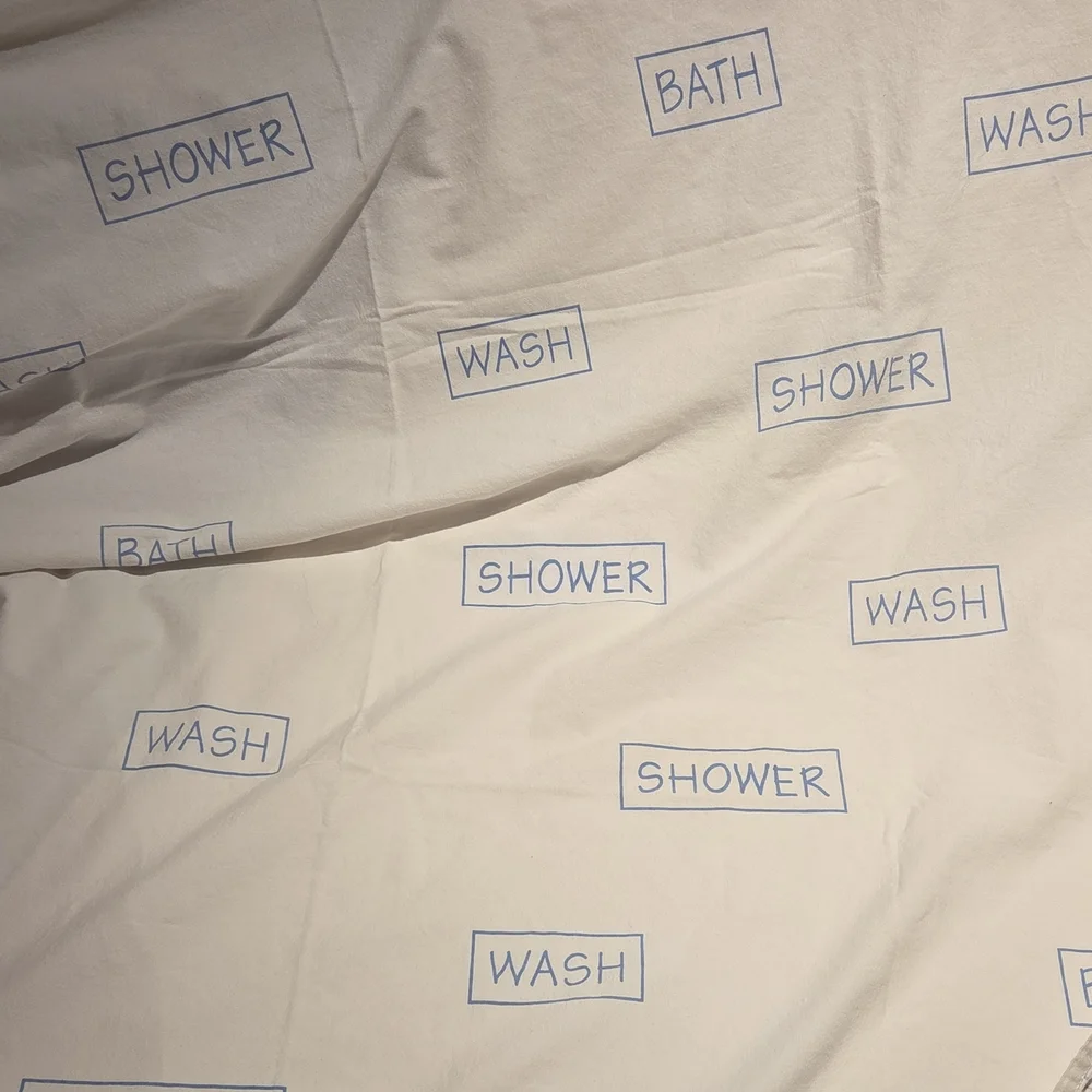 Blue 'Bath/Wash' Shower Curtain Hooks Clean Coastal Look Minimalist Farmhouse